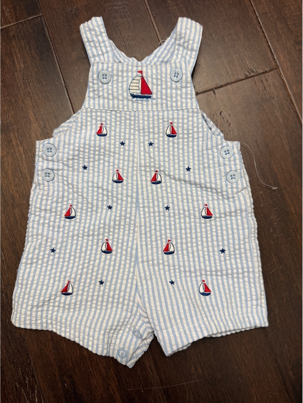 Little Me Striped Sailboat Embroidered Cotton Short Overalls, 6M